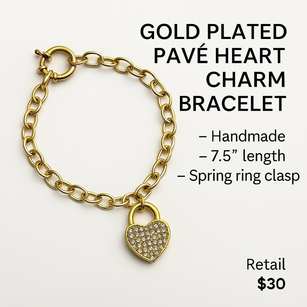 Gold Plated Pavé Heart Charm Bracelet – Handmade – 7.5” - Picture 11 of 11